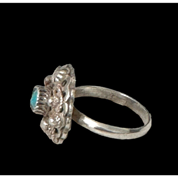 Antique Mexican Sterling Silver Filigree Flower Ring Turquoise Stone Sz 7.75 - Picture 5 of 10